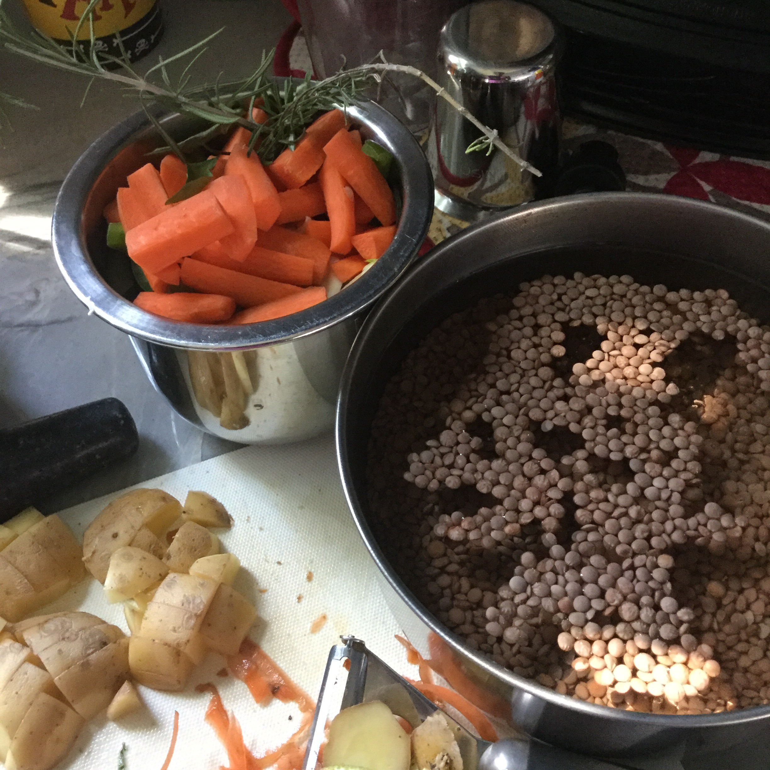 Lentils soaking and veggies chopped!